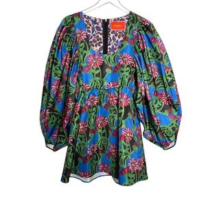 La DoubleJ Scoop Neck Balloon Sleeve Floral Tropical Mini Dress Resort Travel XS